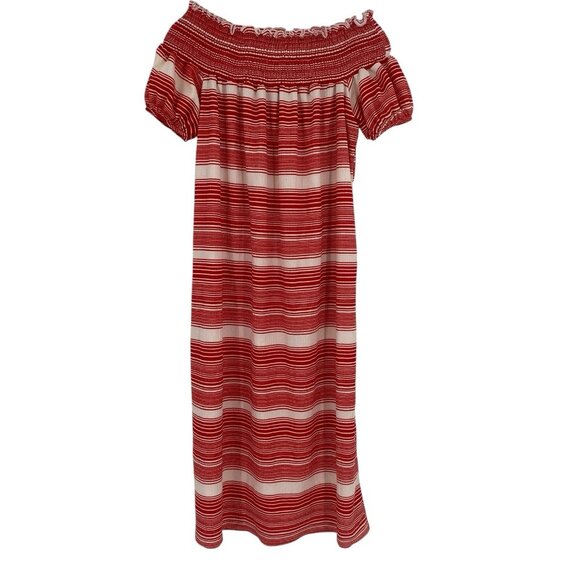 Zara Size Small Red White Striped Off The Shoulder Smocked Bardot Midi Dress - Picture 1 of 15